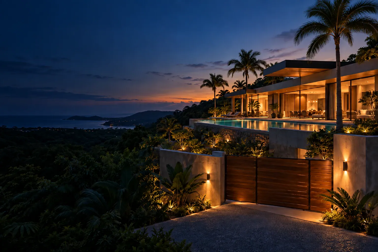 Modern house lit up at dusk on a tropical hillside, with a pool, lush plants and an ocean view.