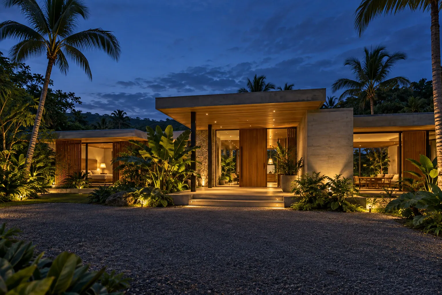 Front of a single-storey house with a tropical garden at dusk.