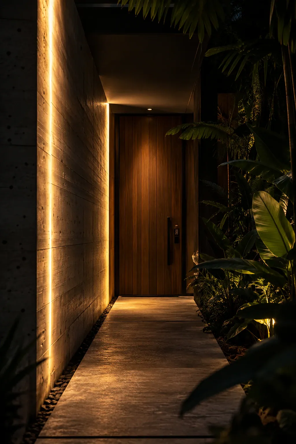 Concrete walkway with indirect lighting leading to a wooden door among tropical plants, at night.