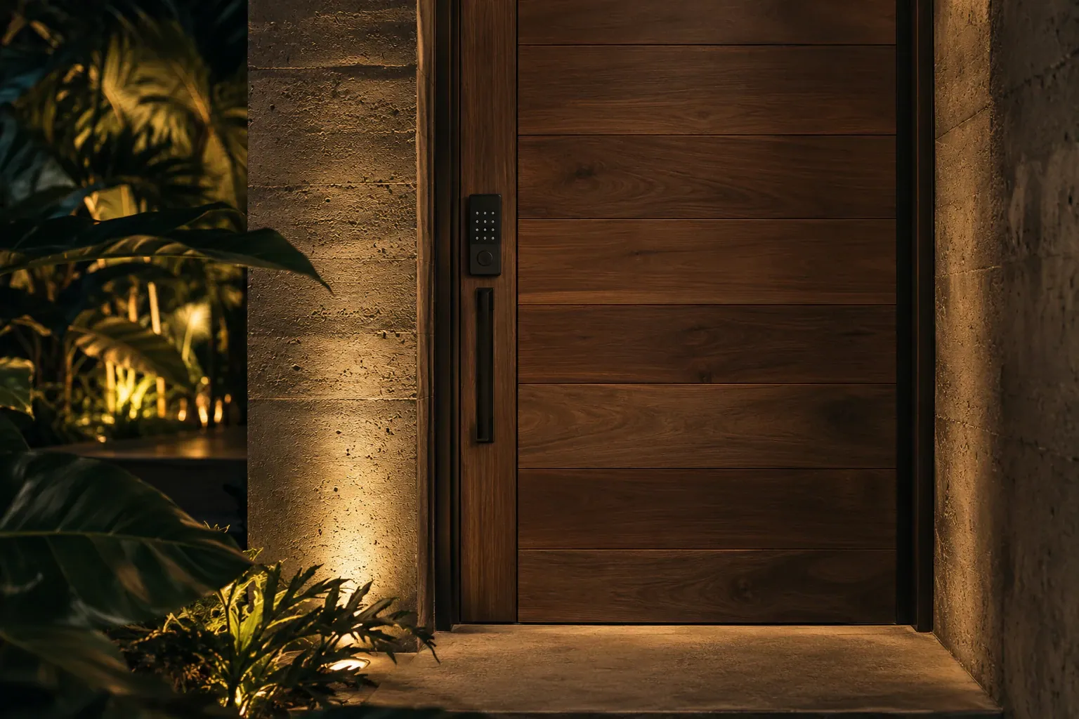 Wooden door with a keypad lock, between concrete walls and lit plants.