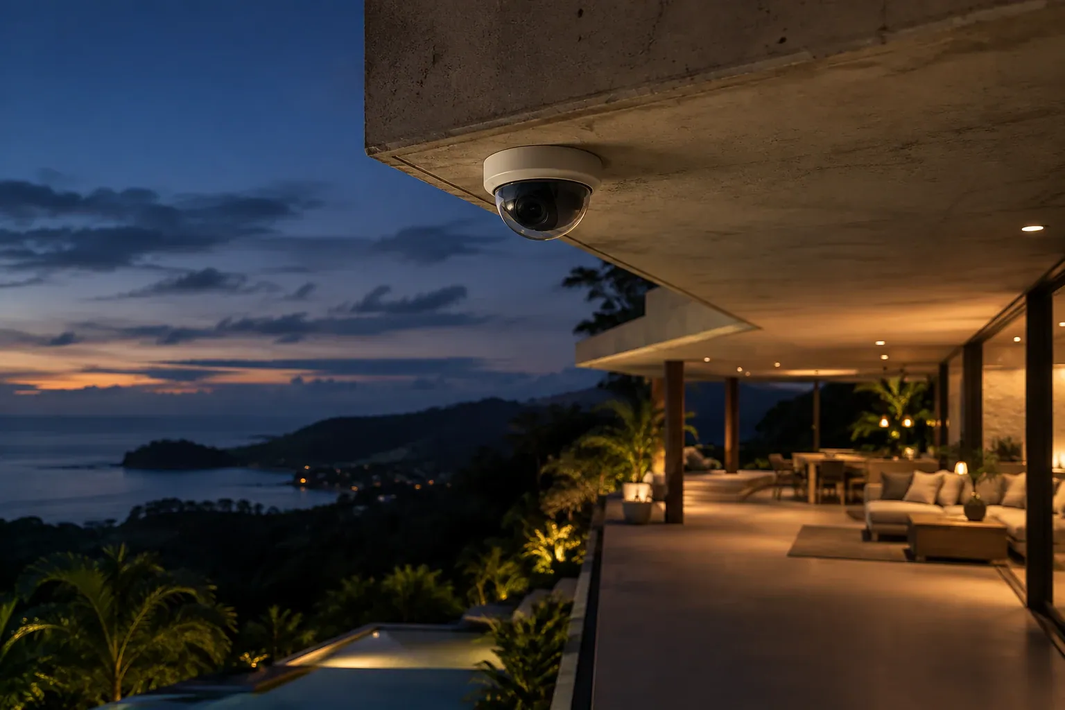 Dome camera under the eave of a terrace overlooking the sea at sunset.