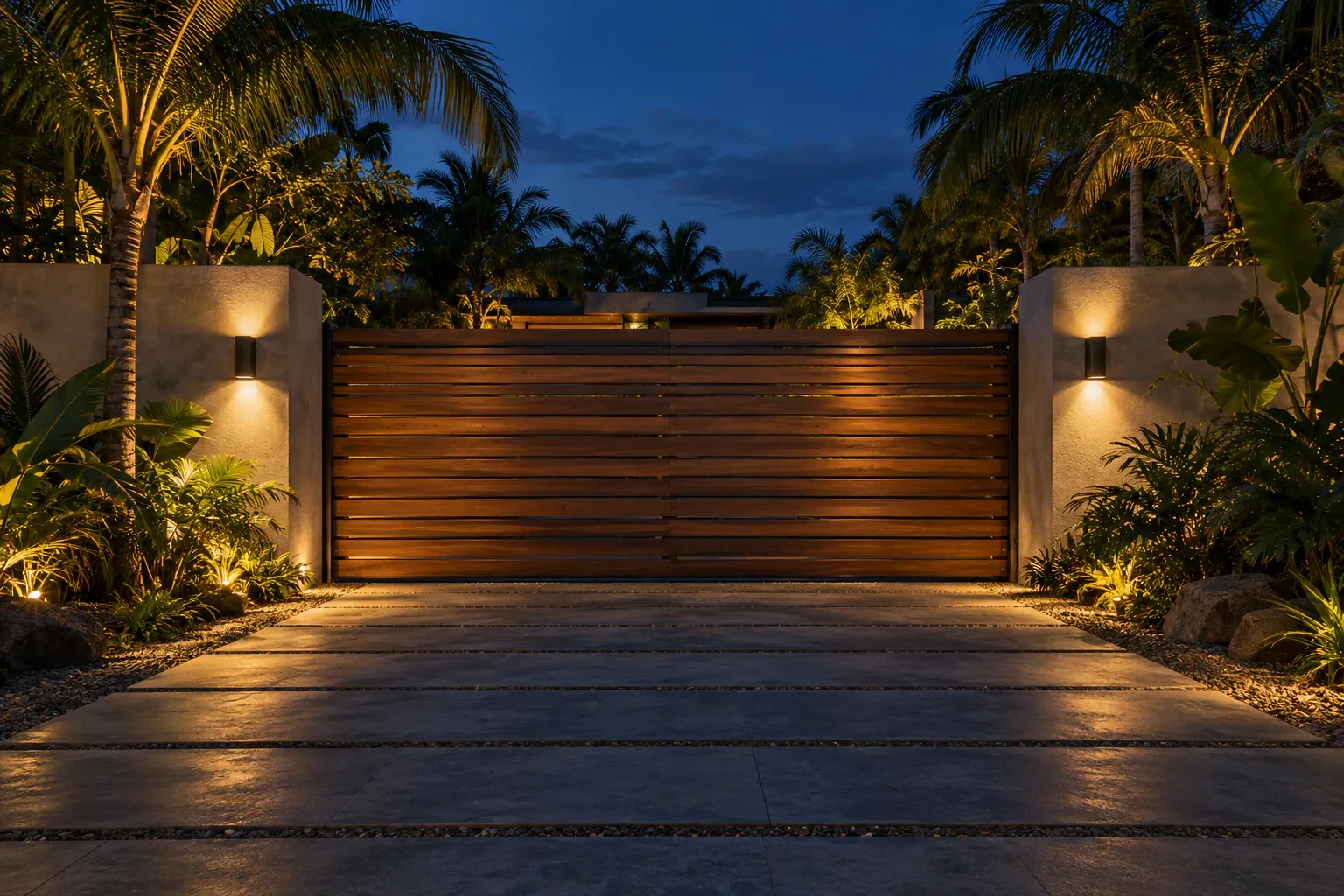 Wooden sliding gate between two lit walls, with palm trees behind it at dusk.