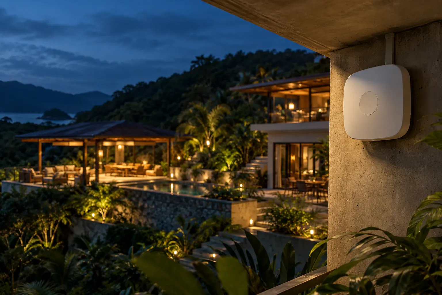 WiFi access point on a terrace wall, with lit houses and tropical plants in the background.